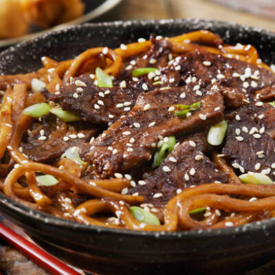 Mongolian Beef with Shanghai Noodles, Dumplings and Spring Roll