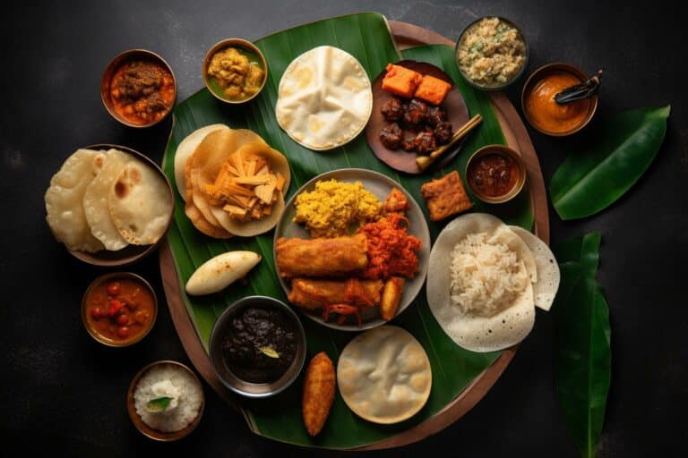 group of South Indian dishes served on banana leaves with colorf